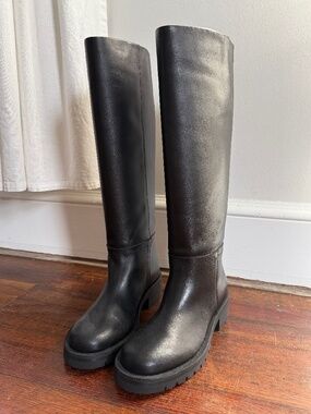 Zara black leather pull on tall boots  | Size 7.5 (EU38)